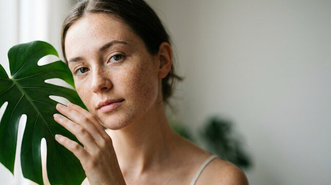 Skincare portrait of a natural woman holding green monstera leaf indoors