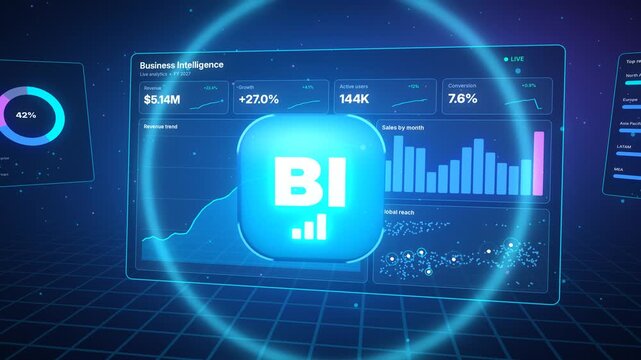 3D glowing BI icon button over virtual business intelligence dashboard with charts and KPI, futuristic data analytics hologram concept 4K.