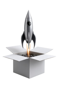 Silver space rocket launching out of open white cardboard box concept of product launch startup business and out of the box thinking isolated on transparent background 
