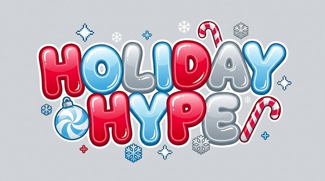 Colorful holiday hype typography design featuring festive winter elements like candy canes and snowflakes