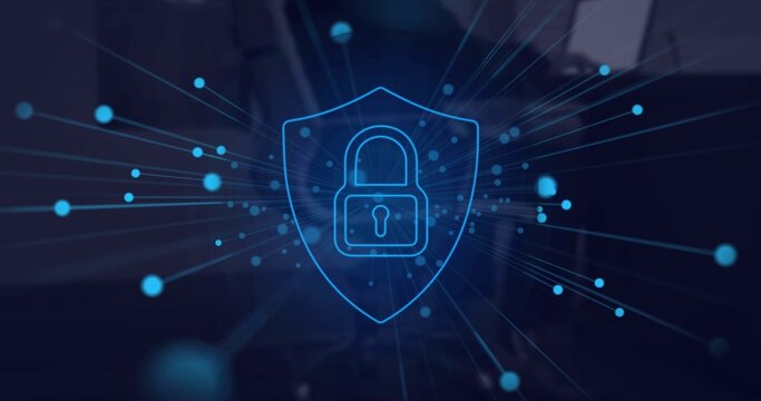 Glowing outlined shield displaying padlock radiating lines across navy bokeh scene linking nodes