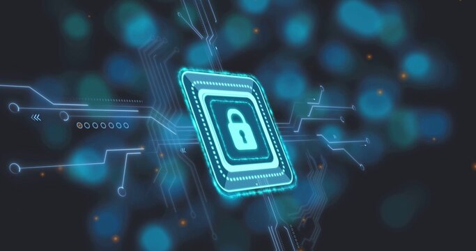 Glowing secure module hovering in virtual cyberspace, with padlock icon, layered luminous borders