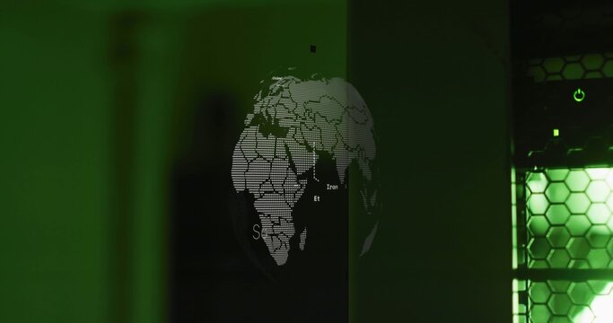 Projecting stylized globe showing banded continents in tech bay, with server rack and green LEDs