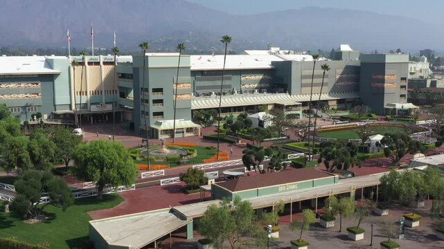 Aerial view of a horse racing track and infield in Arcadia