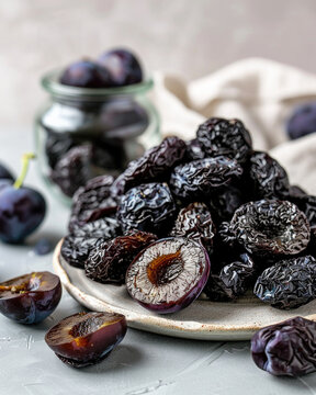 Rustic food photography of dried plums and fresh plums, prunes spilling from a glass jar