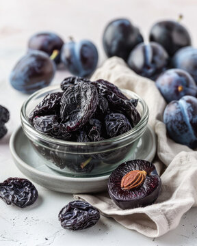 Rustic food photography of dried plums and fresh plums, prunes spilling from a glass jar