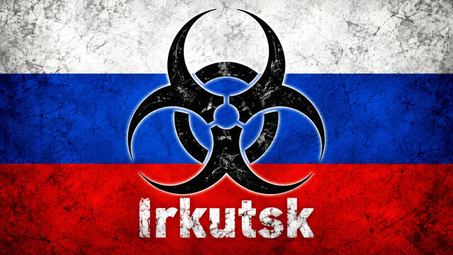 Biohazard symbol with russian flag and irkutsk text