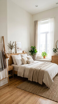 Cozy Scandinavian Bedroom with Natural Light Wooden Furniture and Plants