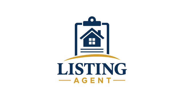 Professional real estate listing agent logo design, clipboard with house symbol and text branding for property business