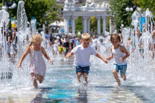 Kids having fun splashing in a fountain on a sunny day in a public park