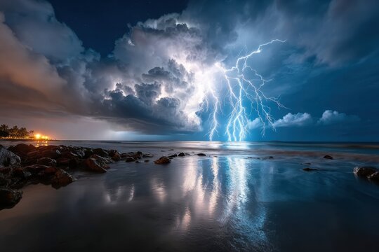 Lightning storm over a tranquil beach at night