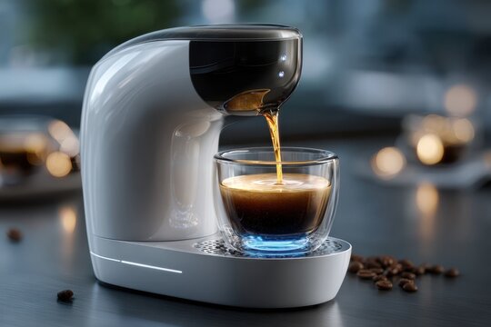 Modern coffee maker brewing a rich espresso shot in a cozy kitchen setting