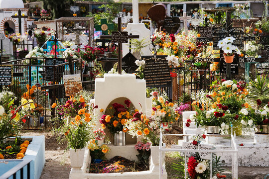 Colorful day of the dead cemetery decorations