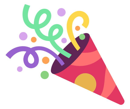 Party popper icon with colorful confetti ribbons and dots isolated on white background
