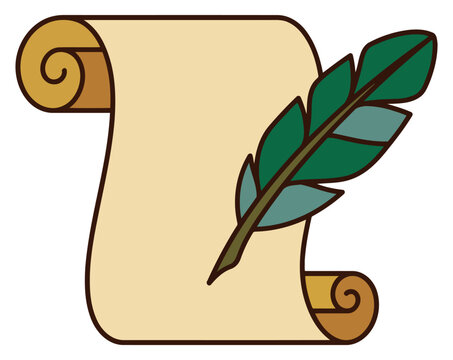 Vintage paper scroll with a green quill pen, vector illustration