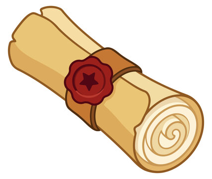 Vintage paper scroll with a red wax seal and star emblem, tied with a brown ribbon, isolated on white background