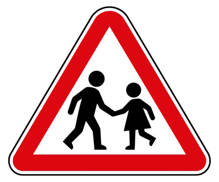 Warning sign for children crossing, a triangular road sign with a red border and a black icon of a man and a child holding hands, isolated on white background