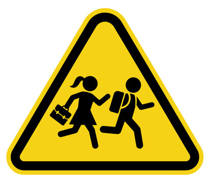 Warning sign with a yellow triangle featuring children running, indicating a school zone or pedestrian crossing