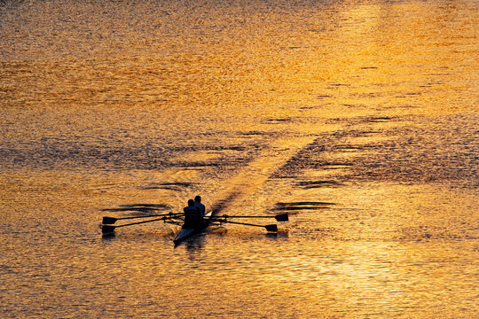 Two rowers propel a boat across water