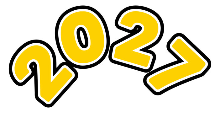 Yellow 2027 text design with bold black outline, stylized numbers representing the year 2027