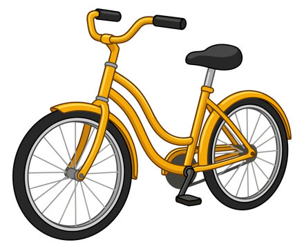 Yellow bicycle with black seat and handlebars isolated on white background