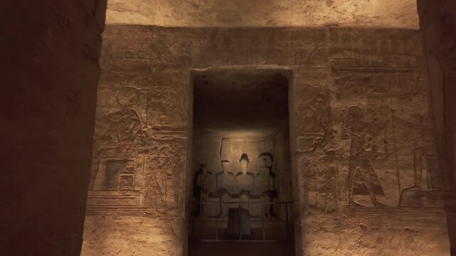 Ancient Egyptian Temple Interior with Hieroglyphics and Statues at Abu Simbel