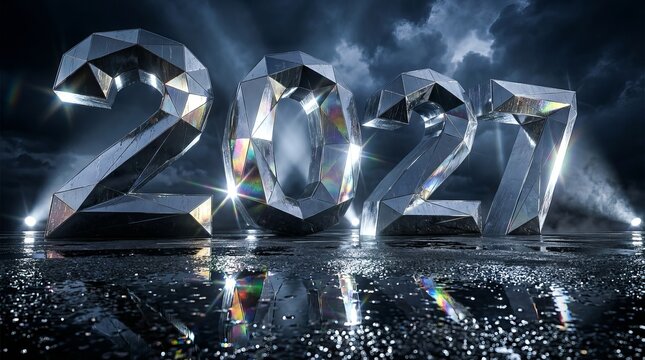 3 d crystal numerals 2027 reflecting on wet tarmac with dramatic lighting year new year numbers
