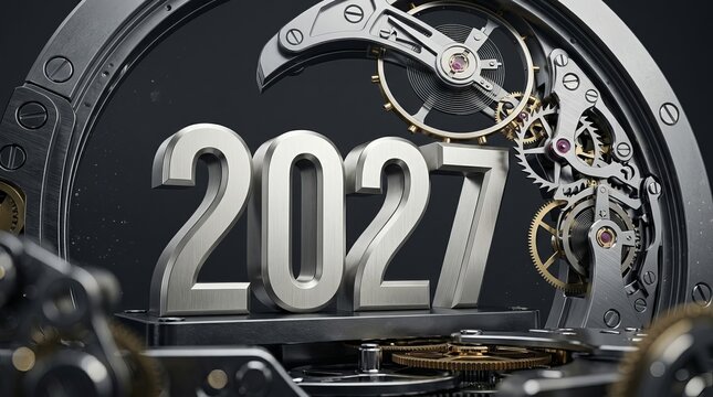 3 d numerals '2027' in polished silver, set within a complex clockwork mechanism with brass gears year