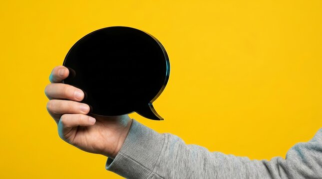 Hand holding a black speech bubble against a bright yellow background, communication