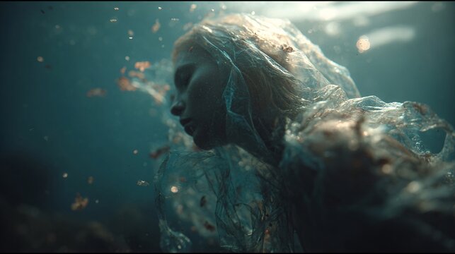 Underwater woman portrait with plastic and jellyfish