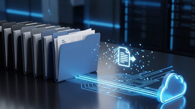 Server room with glowing blue data streams and a network connection concept