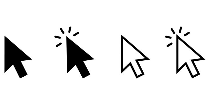 Set of black and white computer mouse cursor icons with and without clicking action effects isolated on white