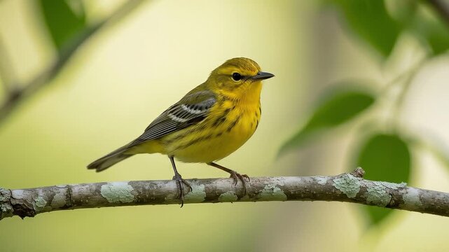 A seamless pattern small yellow warbler bird perched on tree branch