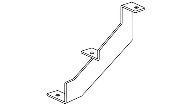 Black outline vector icon of an angled stair stringer bracket with three flat mounting tabs each pierced by a bolt hole drawn with thin lines shown in isometric side view highlighting stepped profile