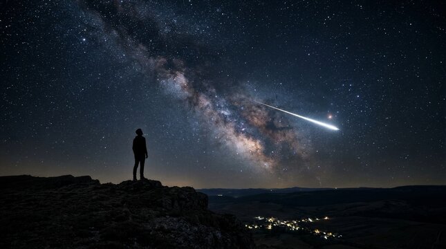 Silhouetted figure stands atop rocky hill. Dazzling Milky Way stretches across star-filled sky. Bright meteor streaks through night, leaving glowing trail. Distant town lights glow softly below