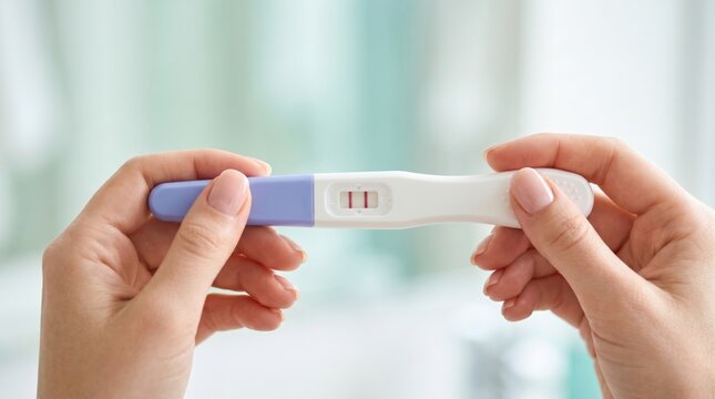 Female hands holding a pregnancy test with two red lines showing a positive result. Represents pregnancy confirmation, maternity and family planning concept