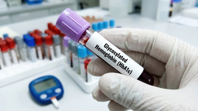 Hand holding a blood test tube labeled "Glycosylated Hemoglobin (HbA1c)" with a glucometer in the background. Represents diabetes diagnosis, blood sugar monitoring and endocrinology concept