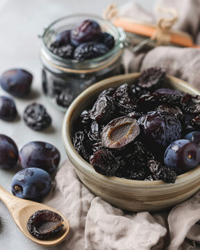 Rustic food photography of dried plums and fresh plums, prunes spilling from a glass jar