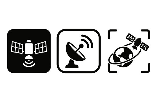 Satellite communication icon set with dish and orbiting Earth