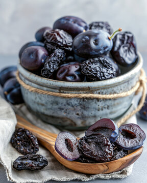 Rustic food photography of dried plums and fresh plums, prunes spilling from a glass jar