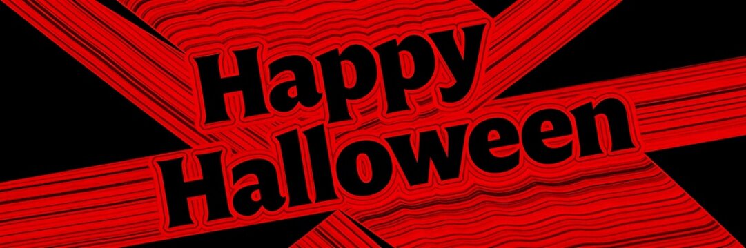 Wavy hand drawn crimson lines on black bend around bold negative space lettering that spells Happy Halloween in angular patchwork panels ,Halloween web banner