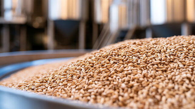 A large pile of malted barley Hordeum vulgare inside a commercial craft brewery mash tun with stainless steel fermentation tanks behind it