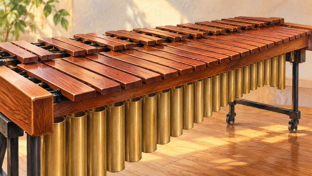 Wooden Marimba Bars Above Golden Resonator Tubes