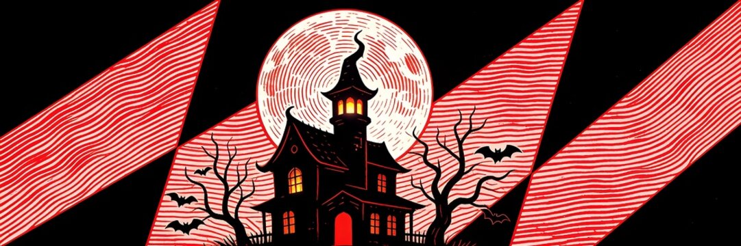 Wavy crimson lines on black form a haunted house silhouette beneath a concentric line full moon with bare trees and bats in a Halloween scene ,Halloween web banner