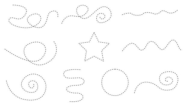 Animated dashed lines and geometric shapes tracing and drawing loop, abstract handwriting and vector path motion graphic element for spiral dotted line hand drawn on white background. 4k video