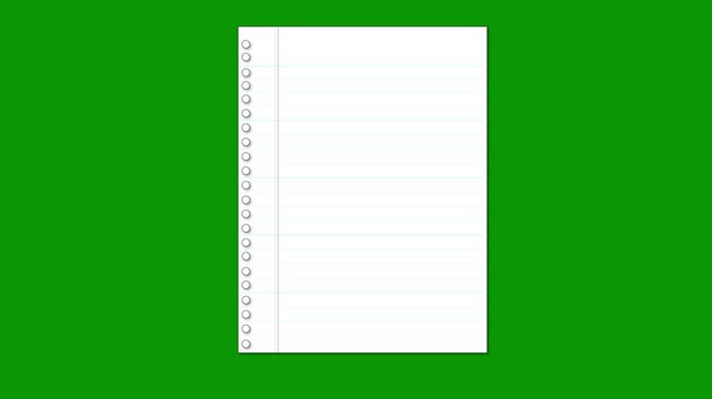 Animated lined notebook paper sheet sliding up and down loop, abstract school stationery element for professional educational video editing and isolated spiral notepad on green background. 4k video