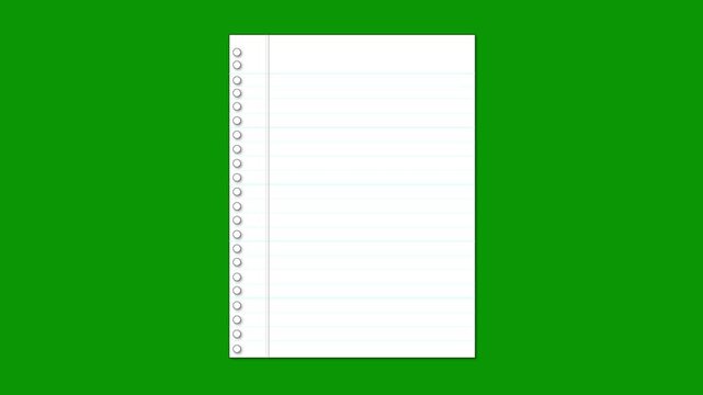 Dynamic lined notebook paper sheet page turn and folding transition motion loop, creative school stationery element for professional educational video production and editing on green screen. 4k video