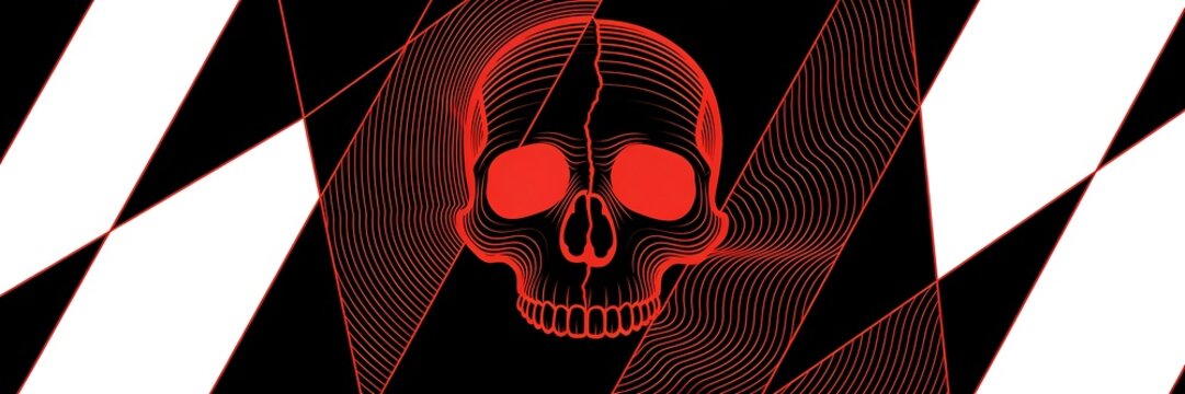 Wavy hand drawn red lines on black swirl into a large front view human skull with hollow eye sockets a nasal cavity and teeth in angular patchwork panels ,Halloween web banner
