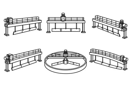 Wastewater clarifier scraper equipment in technical line art