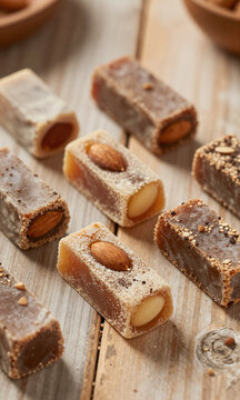 artisanal spanish christmas sweets including almond turr&oacute;n arranged artfully distressed rustic wooden table